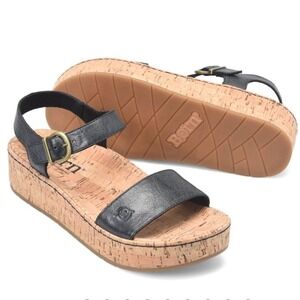 Born Black Leather Cork Platform‎ Sandals Size 10M Ankle Strap Comfort Shoes